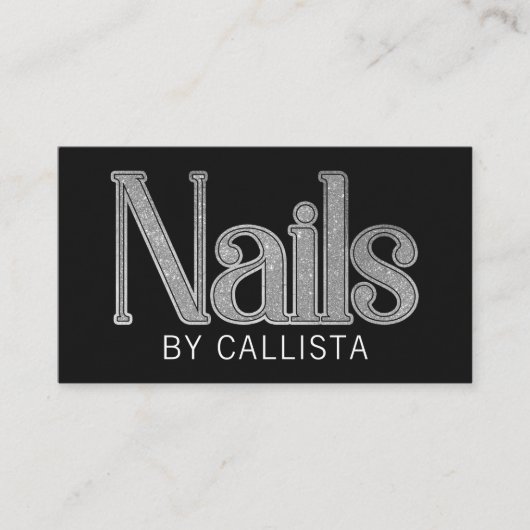 Modern Glam Zwart Zilveren Glitter Nagels Visitekaartje (Voorkant)