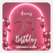 Modern Glamour 21st Birthday Neon Arch & Balloons Vierkante Sticker (Voorkant)