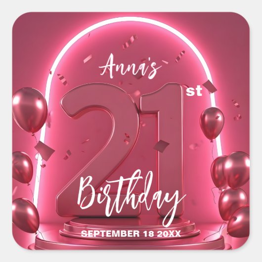 Modern Glamour 21st Birthday Neon Arch & Balloons Vierkante Sticker (Voorkant)