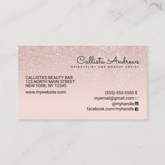 Modern Glamoureus Roos Gold Pink Glitter Ombre Visitekaartje (Achterkant)