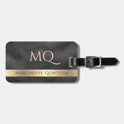 Modern glanzend zwart leder goud monogram reizen bagagelabel (Voorkant horizontaal)