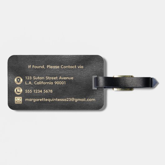 Modern glanzend zwart leder goud monogram reizen bagagelabel (Achterkant horizontaal)