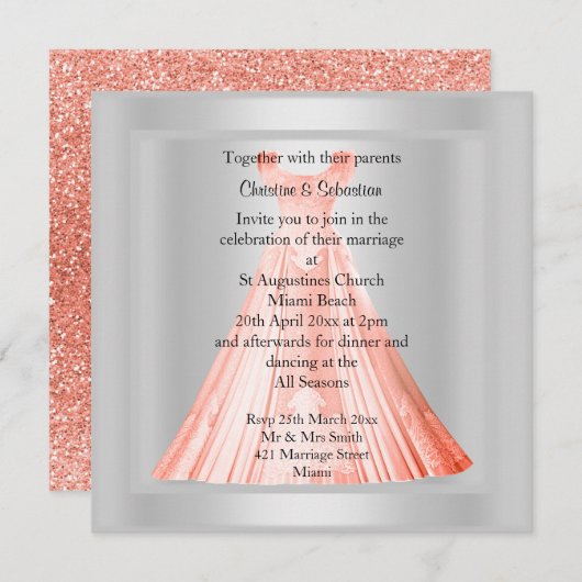 MODERN GLITTER APRICOT GOWN WEDDING INVITATION KAART (Voorkant / Achterkant)