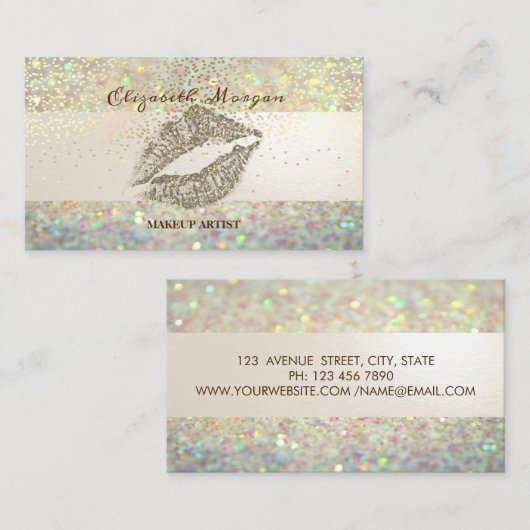 Modern Glitter Bokeh Stripe, Confetti, Lips Visitekaartje (Voorkant / Achterkant)