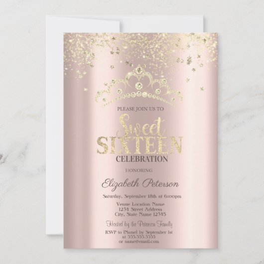 Modern Glitter Confetti, Crown Roos Gold Sweet 16 Kaart (Voorkant)