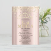 Modern Glitter Confetti, Crown Roos Gold Sweet 16 Kaart (Staand voorkant)