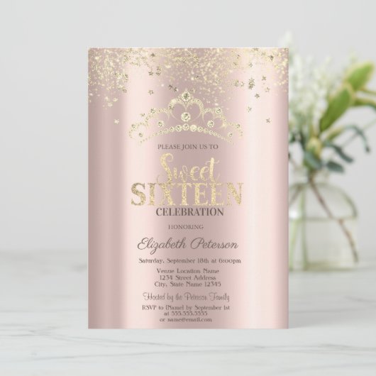 Modern Glitter Confetti, Crown Roos Gold Sweet 16 Kaart (Staand voorkant)