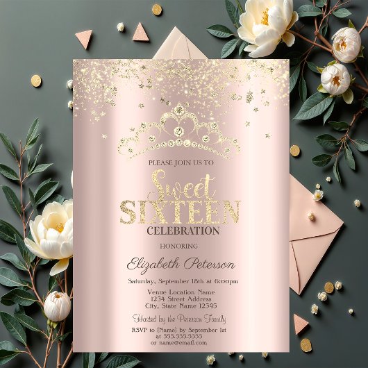 Modern Glitter Confetti, Crown Roos Gold Sweet 16 Kaart