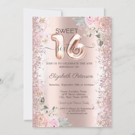 Modern Glitter Confetti Roos Gouden Rozen Sweet 16 Kaart (Voorkant)