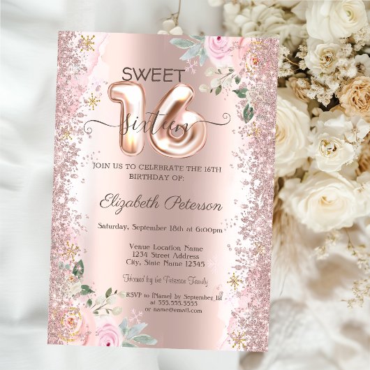 Modern Glitter Confetti Roos Gouden Rozen Sweet 16 Kaart