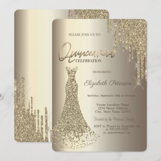 Modern Glitter Drift Champagne Dress Quinceañera Kaart (Voorkant / Achterkant)
