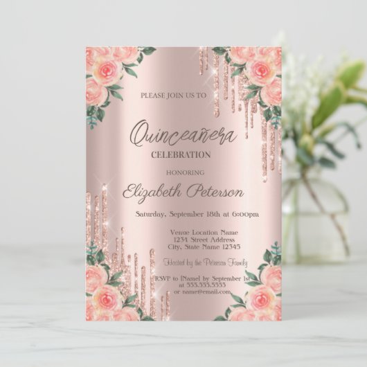Modern Glitter Drips Bloemen Roos Goud Quinceanera Kaart (Staand voorkant)