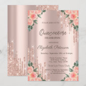 Modern Glitter Drips Bloemen Roos Goud Quinceanera Kaart (Voorkant / Achterkant)