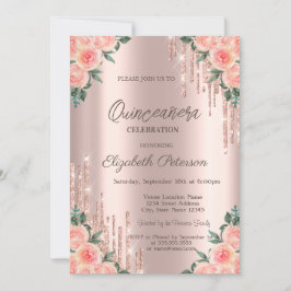 Modern Glitter Drips Bloemen Roos Goud Quinceanera Kaart