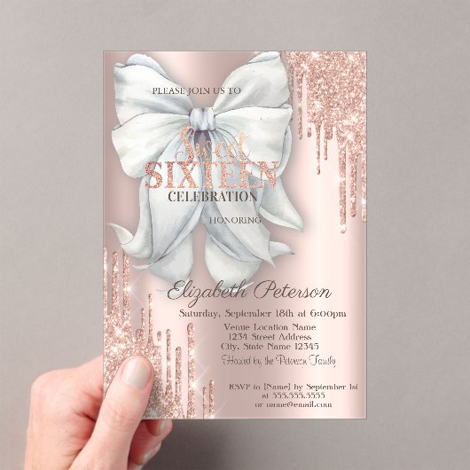 Modern Glitter Drips Bow Rose Gold Sweet 16 Acryl Uitnodigingen (Insitu (Draagbaar))