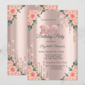 Modern Glitter Drips Floral Roos Gold 100th Kaart (Voorkant / Achterkant)