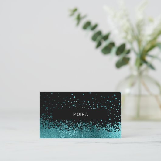 Modern Glitter Drop Aqua-Blau Schwarz Visitekaartje (Staand voorkant)