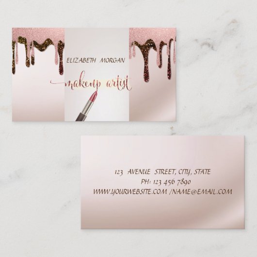 Modern Glitter Drops, Lipstick, Makeup kunstenaar Visitekaartje (Voorkant / Achterkant)