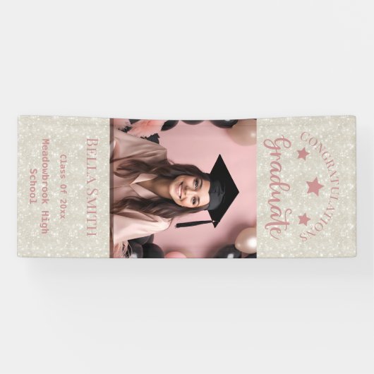 Modern Glitter Foto Afstuderen Dusty Pink Spandoek (Horizontaal)