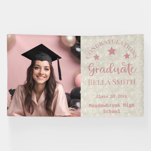 Modern Glitter Foto Afstuderen Dusty Pink Spandoek (Horizontaal)