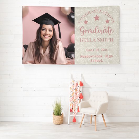 Modern Glitter Foto Afstuderen Dusty Pink Spandoek (Insitu)