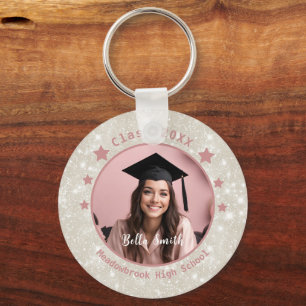 Modern Glitter Foto Stoffig Roze Afstuderen Sleutelhanger