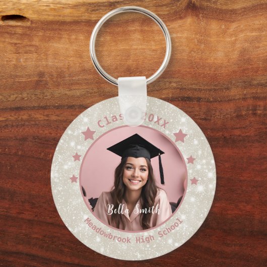 Modern Glitter Foto Stoffig Roze Afstuderen Sleutelhanger (Voorkant)