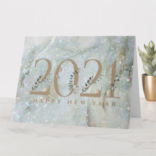 Modern Glitter Marble Happy Nieuwjaar 2021 Kaart (Kleine Plant)
