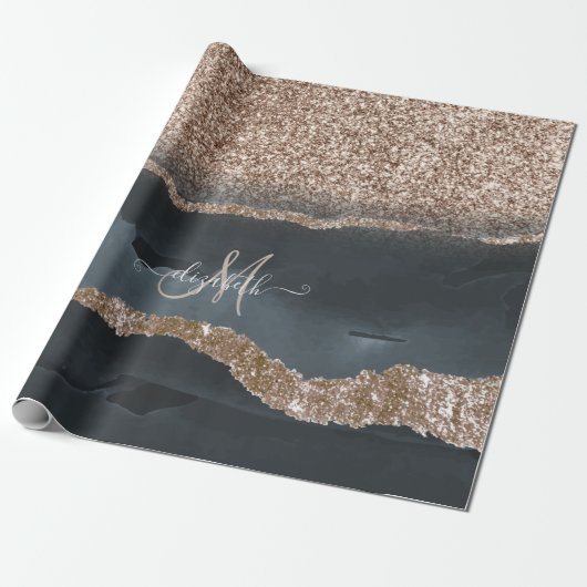 Modern Glitter Marble Monogram Cadeaupapier (Uitgerold)