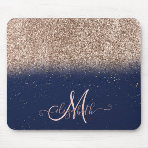 Modern Glitter Ombre Roos Gold Monogram Navy Blue Muismat