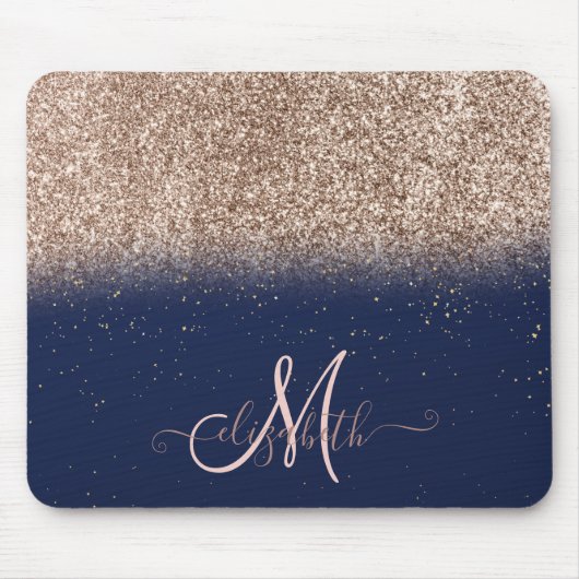 Modern Glitter Ombre Roos Gold Monogram Navy Blue Muismat (Voorkant)