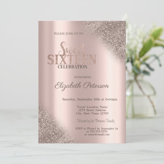 Modern Glitter Ombre Roos Goud Sweet 16 Kaart (Staand voorkant)