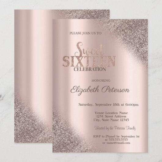Modern Glitter Ombre Roos Goud Sweet 16 Kaart (Voorkant / Achterkant)