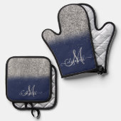 Modern Glitter Ombre Silver Monogram Navy Blue Ovenwant & Pannenlap Set (Voorkant / Achterkant)