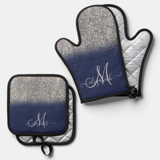 Modern Glitter Ombre Silver Monogram Navy Blue Ovenwant & Pannenlap Set (Voorkant / Achterkant)