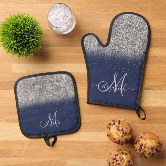 Modern Glitter Ombre Silver Monogram Navy Blue Ovenwant & Pannenlap Set (Top down)