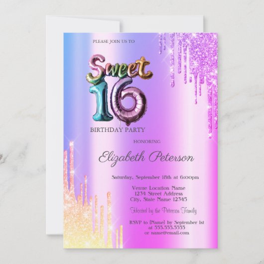 Modern Glitter Ombre Violet Drips Ballon Sweet 16 Kaart (Voorkant)