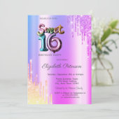 Modern Glitter Ombre Violet Drips Ballon Sweet 16 Kaart (Staand voorkant)