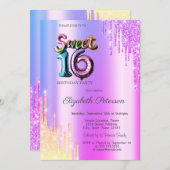 Modern Glitter Ombre Violet Drips Ballon Sweet 16 Kaart (Voorkant / Achterkant)