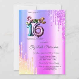 Modern Glitter Ombre Violet Drips Ballon Sweet 16 Kaart