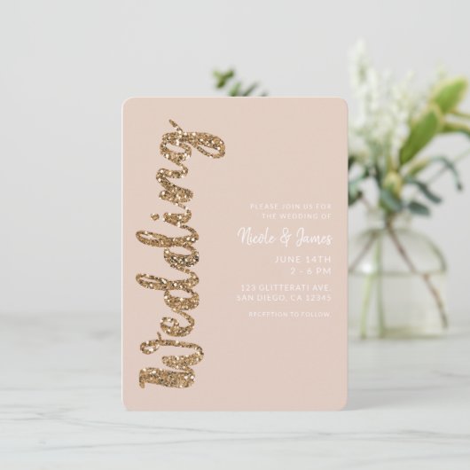 Modern Glitter Roos Gold Blush Glam Wedding Kaart (Staand voorkant)