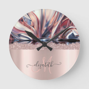 Modern Glitter Roos Gold Monogram Abstract Ronde Klok