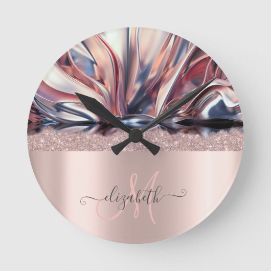 Modern Glitter Roos Gold Monogram Abstract Ronde Klok (Voorkant)