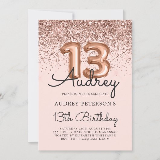 Modern Glitter Roos Gouden Ballon 13e Verjaardag Kaart (Voorkant)