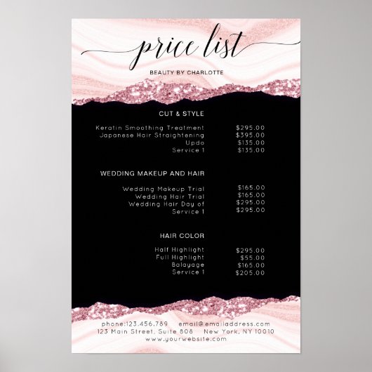 Modern, glitter, roze-zwart prijslijst Poster (Voorkant)