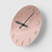 Modern Glitter Sequin Ombre Roos Gold Monogram Ronde Klok (Hoek)