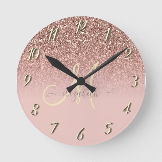 Modern Glitter Sequin Ombre Roos Gold Monogram Ronde Klok (Voorkant)