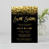 Modern Glitter Sweet 16 Black Gold Folie Uitnodiging (Staand Voorkant)