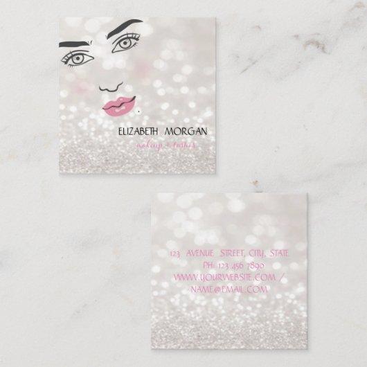 Modern Glittery Bokeh, Girl Face, Makeup & Lashes Vierkante Visitekaartje (Voorkant / Achterkant)