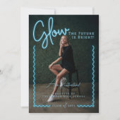 Modern Glow Script Blue Neon Wavy Afstuderen Foto Aankondiging (Voorkant)